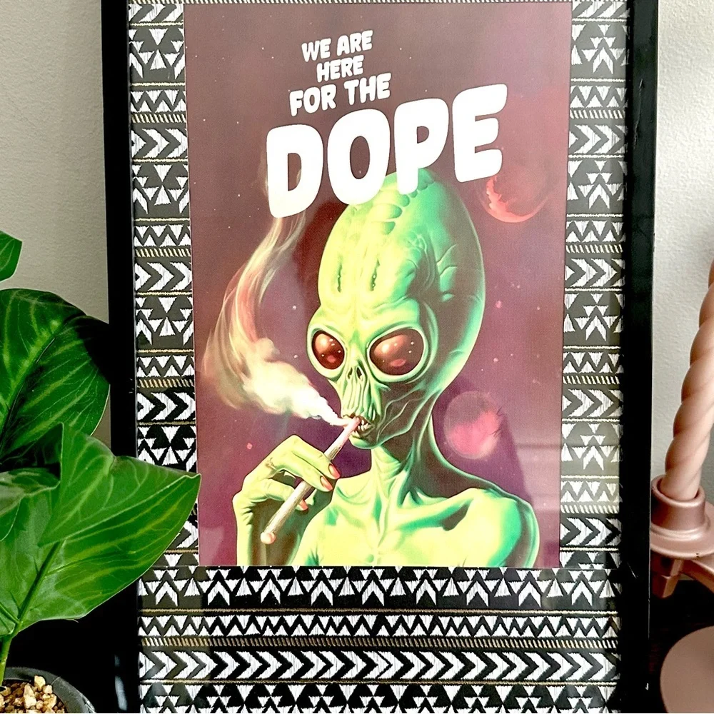 Here For the Dope Stoned Alien UFO Smoking Weed Framed Canvas Art Print Galaxy